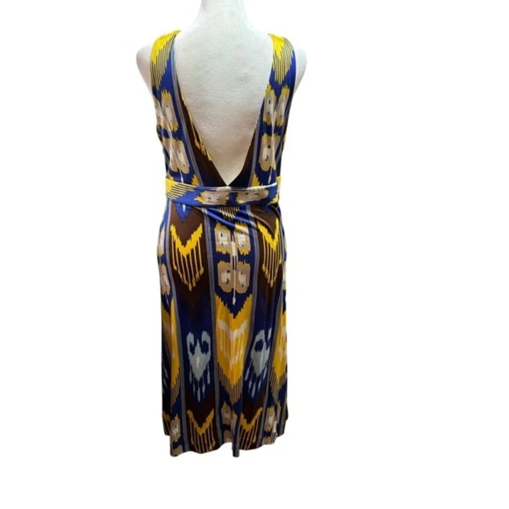 Tory Burch Silk Ikat Print V-Neck  Midi‎ Dress Blue Yellow Brown Size M #927